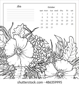 Vector EPS 10 floral background with flower on the branch and leaves. Black and white graphics. Hand drawing. Line-art style. 
pattern for calendar and anti-stress coloring. 2017 October