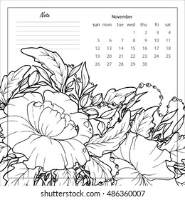 Vector EPS 10 floral background with flower on the branch and leaves. Black and white graphics. Hand drawing. Line-art style. 
pattern for calendar and anti-stress coloring. 2017 November