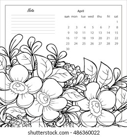 Vector EPS 10 floral background with flower on the branch and leaves. Black and white graphics. Hand drawing. Line-art style. 
pattern for calendar and anti-stress coloring. 2017 April
