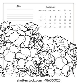 Vector EPS 10 floral background with flower on the branch and leaves. Black and white graphics. Hand drawing. Line-art style. 
pattern for calendar and anti-stress coloring. 2017 September