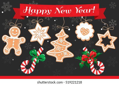 VECTOR eps 10. Gingerbread Christmas cookies, snowflakes, sweet candies and tree cookies. Multicolor New Year design card, greeting vector sweet candies, ginger, gingerman, Happy New 2017 snowflakes