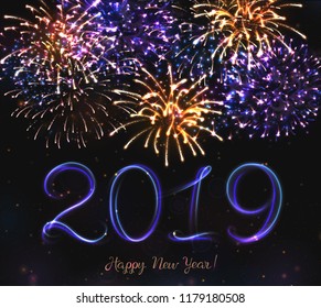VECTOR eps 10. Glowing collection. 2019 New Year's design! Shining Fireworks, light effects isolated and grouped. Gold violet white golden colors, shining stars and glowing lettering, bengal fires. 
