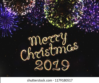 VECTOR eps 10. Glowing collection. 2019 New Year's design! Shining Fireworks, light effects isolated and grouped. Gold violet white golden colors, shining stars and glowing lettering, bengal fires. 
