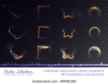 VECTOR eps 10. Glowing collection. 3 brushes included. Sparkling stars, light effects, glowing realistic flares of camera lens. Transparent sunlight lens flare. Sun flash with rays. Shining elements