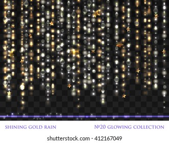 VECTOR eps 10. Glowing collection. Shining rain. Glitter lines and light effects isolated and grouped. Transparent sunlight lens flare. Shining elements and stars. Gold, white colors.