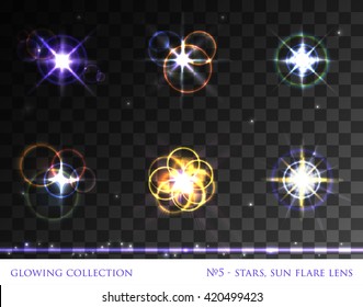 VECTOR eps 10. Glowing collection. Sparkling stars, light effects, glowing realistic flares of camera lens. Transparent sunlight lens flare. 6 Stars: goldens star, blue star, violet star, green star
