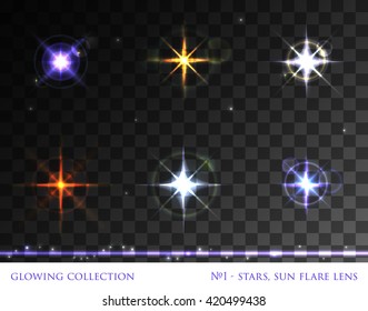 VECTOR eps 10. Glowing collection. Sparkling stars, light effect, glowing realistic flare  len. Transparent. Sun flash with rays. Shining elements. 6 Stars: gold star, blue star, red star, green star
