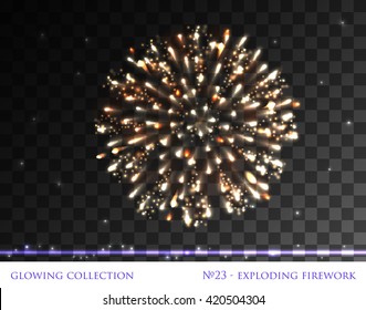 VECTOR eps 10. Glowing collection. Firework, light effects isolated and grouped. Transparent sunlight lens flare. Shining elements and stars. Golden Fireworks, Exploding Firework with lights stars.
