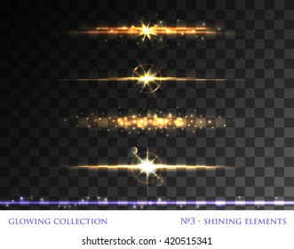 VECTOR eps 10. Glowing collection. Sparkling light elements. Shining tars with sun realistic flare lens. Explosive flash, lightweight cloud and lines. Transparent, grouped and isolated.