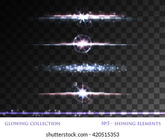 VECTOR eps 10. Glowing collection. Sparkling light elements. Shining stars with sun realistic flare lens. Explosive flash, lightweight cloud lines circle ring. Transparent. Golden Round, lines, circle