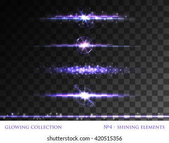 VECTOR eps 10. Glowing collection. Sparkling light elements. Shining stars with sun realistic flare lens. Explosive flash, lightweight cloud lines circle ring. Transparent. Golden Round, lines, circle