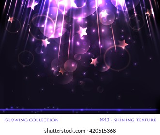 VECTOR eps 10. Glowing collection. Shining texture. Christmas Shining elements and stars. Xmas and new year design. Gold, silver, white colors. Violet texture, background, template for Christmas art.