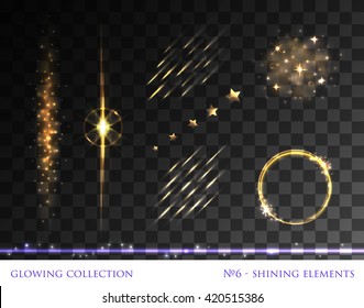 VECTOR eps 10. Glowing collection. Sparkling light elements. Shining stars with sun realistic flare lens. Explosive flash, lightweight cloud lines circle ring. Transparent. Golden Round, lines, circle