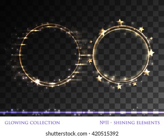 VECTOR eps 10. Glowing collection. 2 Shining rings, circles. Sparkling stars, light effect, glowing line. Transparent, grouped and isolated. Golden round, shining into golden circle with lights
