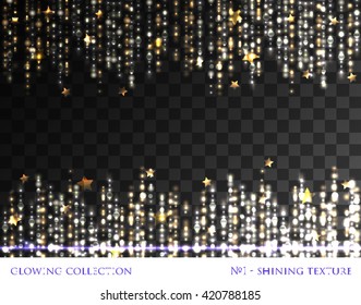 VECTOR eps 10. Glowing collection. Shining texture. Light waves, lines and light effects isolated grouped. Shining elements and stars. Gold, silver, white colors. Silver texture, background, template