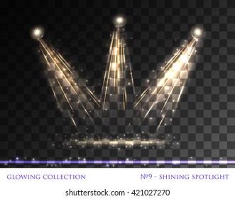 VECTOR eps 10. Glowing collection. Spotlights with sparks on transparent background. Starlight light effects with star dust, golden spark into the projector beams Spotlights with spark shining effect
