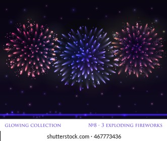 VECTOR eps 10. Glowing collection. 3 Fireworks, light effects isolated and grouped. Shining elements and stars. Ready firework for Xmas and New Year's design. Vector fireworks on dark background.

