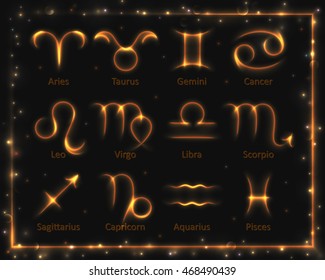 VECTOR eps 10. Glowing collection of Astrology Zodiac Signs. Shining elements and stars for esoteric information. 12 zodiac symbols in light golden colors. 12 horoscopes golden shining light effect
