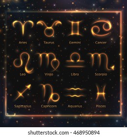 VECTOR eps 10. Glowing collection of Astrology Zodiac Signs. Shining elements and stars.12 zodiac symbols in light golden colors. Esoteric design 12 zodiac sign. Zodiacal symbol. Zodiac set