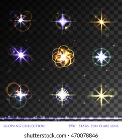 VECTOR eps 10. Glowing collection. 9 shining stars, light effects isolated and grouped. Shining elements and stars ready for use in different bright shining designs. ENJOY stars in my Glowing SET!
