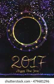 VECTOR eps 10. Glowing collection. 2017 New Year design! Shining Fireworks, light effects isolated and grouped. Gold violet white golden colors, shining stars and glowing rings, shining circle
