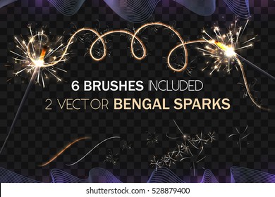 VECTOR eps 10. Glowing collection. 2017 New Year design! Merry Christmas design! 6 brushes included! Bengal fire lines. You get 6 glowing sparkle brushes to paint your own elements like Bengal sparkle