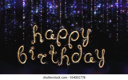 VECTOR eps 10. Glowing collection. Shining texture. Glitter Shining elements and stars. Lettering text "Happy Birthday".  Transparent Shining elements and stars. Gold, silver, violet, white colors.