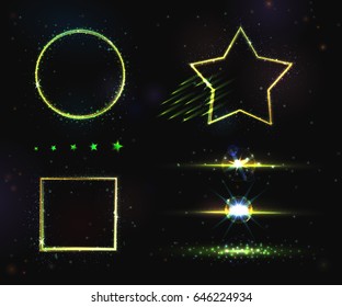 VECTOR eps 10. Glowing collection. Shining lines, rounds, stars with sparks on dark background. Starlight light effects with stardust, golden sparks stage, lighting circle, ui game circle  round frame