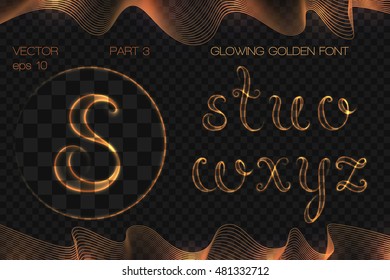 VECTOR eps 10. GLOWING GOLDEN FONT. Part 3.  Hand drawn alphabet s t u v w x y z. Shining golden alphabet with neon brush. YOU don't believe, but 12 BRUSHES INCLUDED! Neon golden brushes and alphabet
