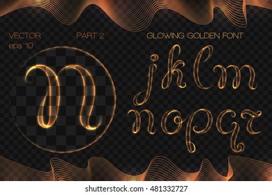 VECTOR eps 10. GLOWING GOLDEN FONT. Part 2.  Hand drawn alphabet j k l m n o p q r. Shining golden alphabet with neon brush YOU don't believe, but 12 BRUSHES INCLUDED! Neon golden brushes and alphabet