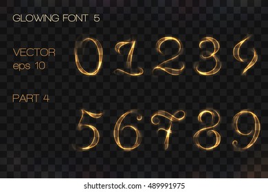 VECTOR eps 10. GLOWING GOLDEN FONT 1. Part 4. Hand drawn alphabet with glowing neon brush. Figures 0 1 2 3 4 5 6 7 8 9