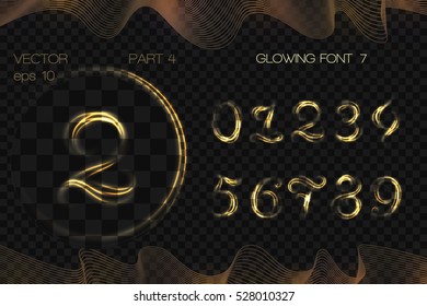 VECTOR eps 10. GLOWING GOLDEN FONT. Part 4. Hand drawn alphabet with glowing neon brush. Figures 0 1 2 3 4 5 6 7 8 9 . BRUSH INCLUDED! GOLDEN metallic  brushes and  FONT  silver alphabet figures