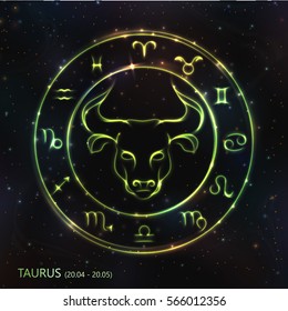 VECTOR eps 10. Glowing GREEN collection of Astrology Zodiac Signs. TAURUS. 12 zodiac symbols iton round in light neon shining lines. Shining elements and stars for esoteric information.