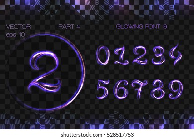 VECTOR eps 10. GLOWING VIOLET FONT 9. Part 4. Character 1 2 3 4 5 6 7 8 9.  Hand drawn alphabet with glowing brush. Numeral figure digit number numeric. Violet alphabet are in the SET. Brush included