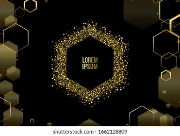 Vektorillustration gibt 10 goldene Teilchen heraus. Gelbe Bokeh-Hexagons mit abstraktem goldenem luxuriösem Hintergrund. Schlaue, goldene, glänzende Staub abstrakte Hexagons einzeln auf dunklem Hintergrund. Schwarz-Gold-Cover-Design.