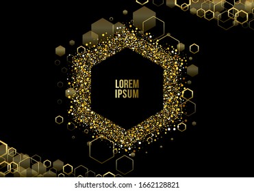 Vector eps 10 golden particles. Glowing yellow bokeh hexagons abstract gold luxury background. Shiny golden glitter dust abstract hexagons isolated on dark background. Black and gold cover design.