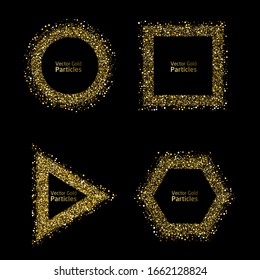 Vector eps 10 golden particles. Glowing gold circle, square, triangle and hexagon. Abstract luxury background. Shiny glitter dust shapes isolated on dark background. Black and gold design.