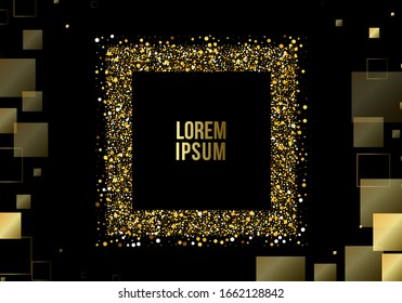 Vector eps 10 golden particles. Glowing gold bokeh squares abstract gold luxury background. Shiny golden glitter dust abstract squares isolated on dark background. Black and gold cover design.