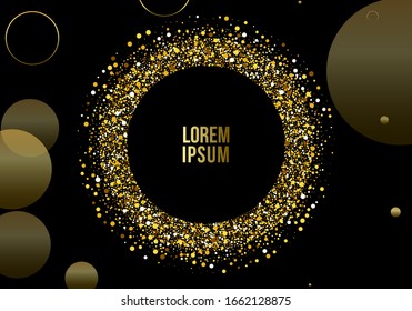 Vector pasa 10 partículas doradas. Los brillantes círculos de la bolsa de oro abstraen el fondo de lujo dorado. Brillantes círculos abstractos de polvo dorado aislados en un fondo oscuro. Diseño de la cubierta en blanco y negro y dorado.