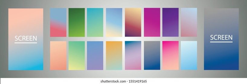 Vector EPS 10 Gradient Set. Different colors. Modern Smartphone screen, mobile app Template. Design for Wallpaper, background, banner, flyer, Social media post. 