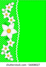 Vector Eps 10 Green copy space with polka dots and ric rac side trim accented by white flowers.