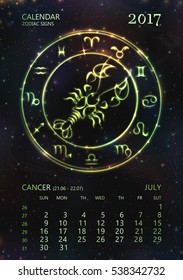 VECTOR eps 10. GREEN GLOWING Calendar for 2017 year. CANCER in june. See next month in SET. Glowing collection of Astrology Zodiac Signs. Shining elements and stars. 12 zodiac symbols for each month 

