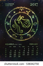 VECTOR eps 10. GREEN GLOWING Calendar for 2017 year. AQUARIUS in june. See next month in SET. Glowing collection of Astrology Zodiac Signs. Shining elements and stars. 12 zodiac symbols each month 
