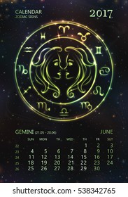 VECTOR eps 10. GREEN GLOWING Calendar for 2017 year. GEMINI in june. See next month in SET. Glowing collection of Astrology Zodiac Signs. Shining elements and stars. 12 zodiac symbols for each month 