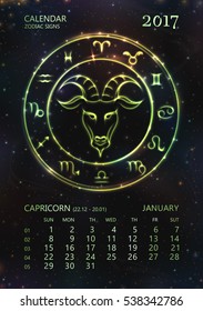 VECTOR eps 10. GREEN GLOWING Calendar for 2017 year. CAPRICORN in june. See next month in SET. Glowing collection of Astrology Zodiac Signs. Shining elements and stars. 12 zodiac symbols each month 

