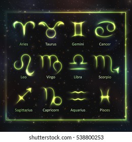 VECTOR eps 10. GREEN Glowing collection of Astrology Zodiac Signs. 12 zodiac symbols in light silver color around. Shining bright lights stars. Glowing shining 12 metallic zodiac signs. GREEN brush
