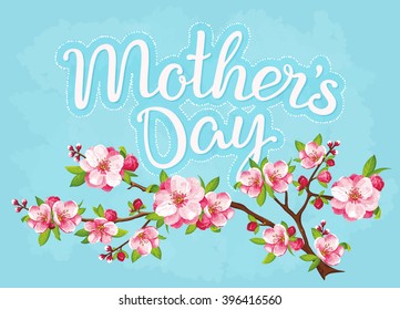 VECTOR eps 10. Hand drawn text Mother's day with Japanese flowering on the branch. Blue background. Mothers day event Mom I love you. Flowers for mother's day. International day of lovely mother.
