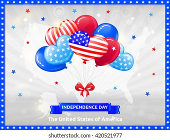 VECTOR eps 10. Happy Independence day in USA with Balloons. Celebration at the 4th July! Balloons, bow and stars, American flag in kind of balloons. American balloons for all holidays. American flag
