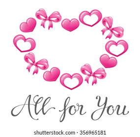 VECTOR eps 10. Happy Valentines Day Lettering. Typographic background with hearts and bows. See new Cute design in my portfolio. Enjoy! Wish you to love and be loved! 