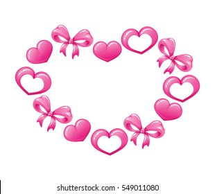 VECTOR eps 10. Happy Valentines Day card. Background with pink hearts and bows. Design for female illustrations, patterns, greeting cards with pink candy bows
